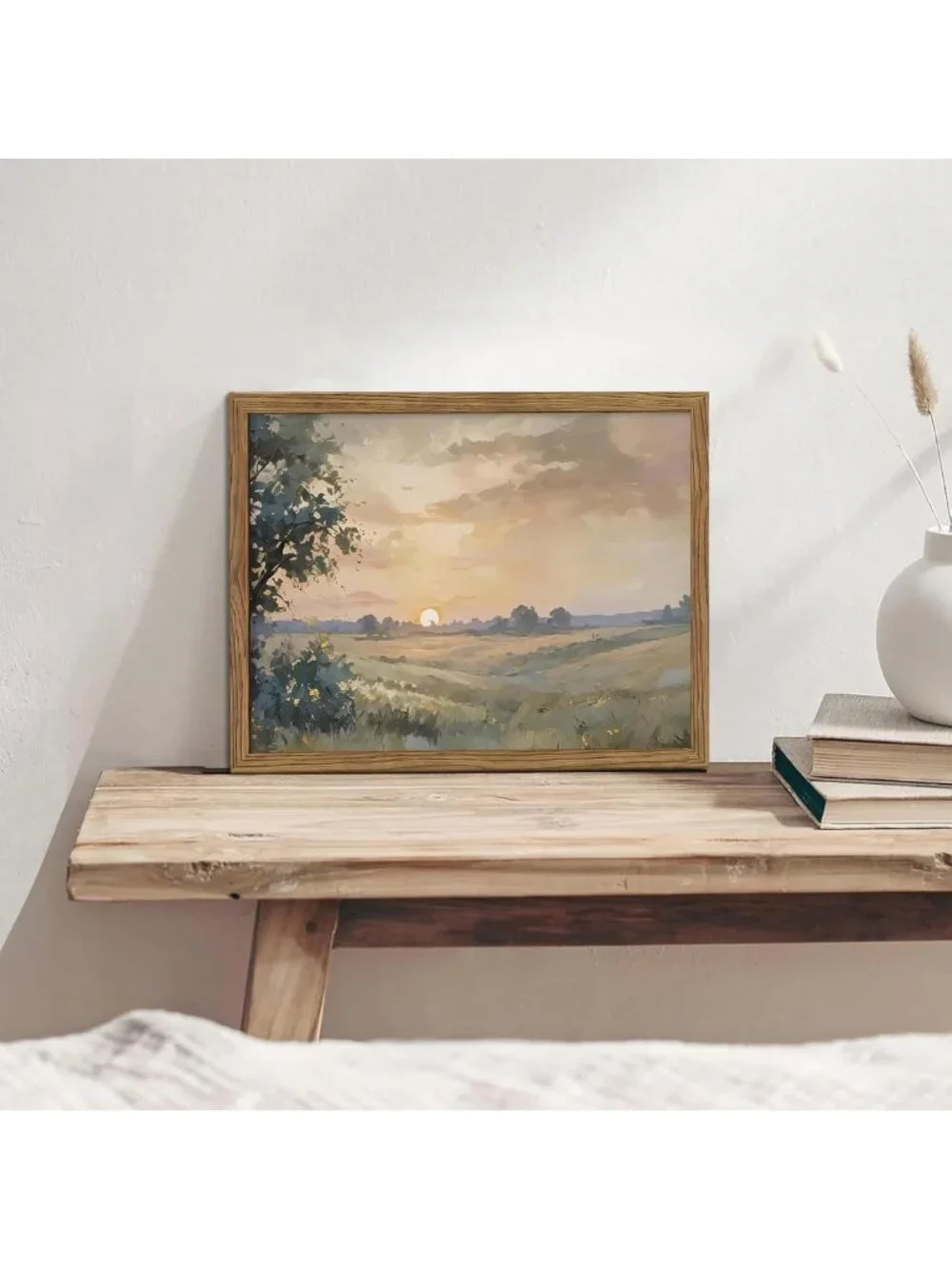 Vintage Wood Framed Fall Sunset Canvas Wall Art - Retro Farmhouse Decor 16x24